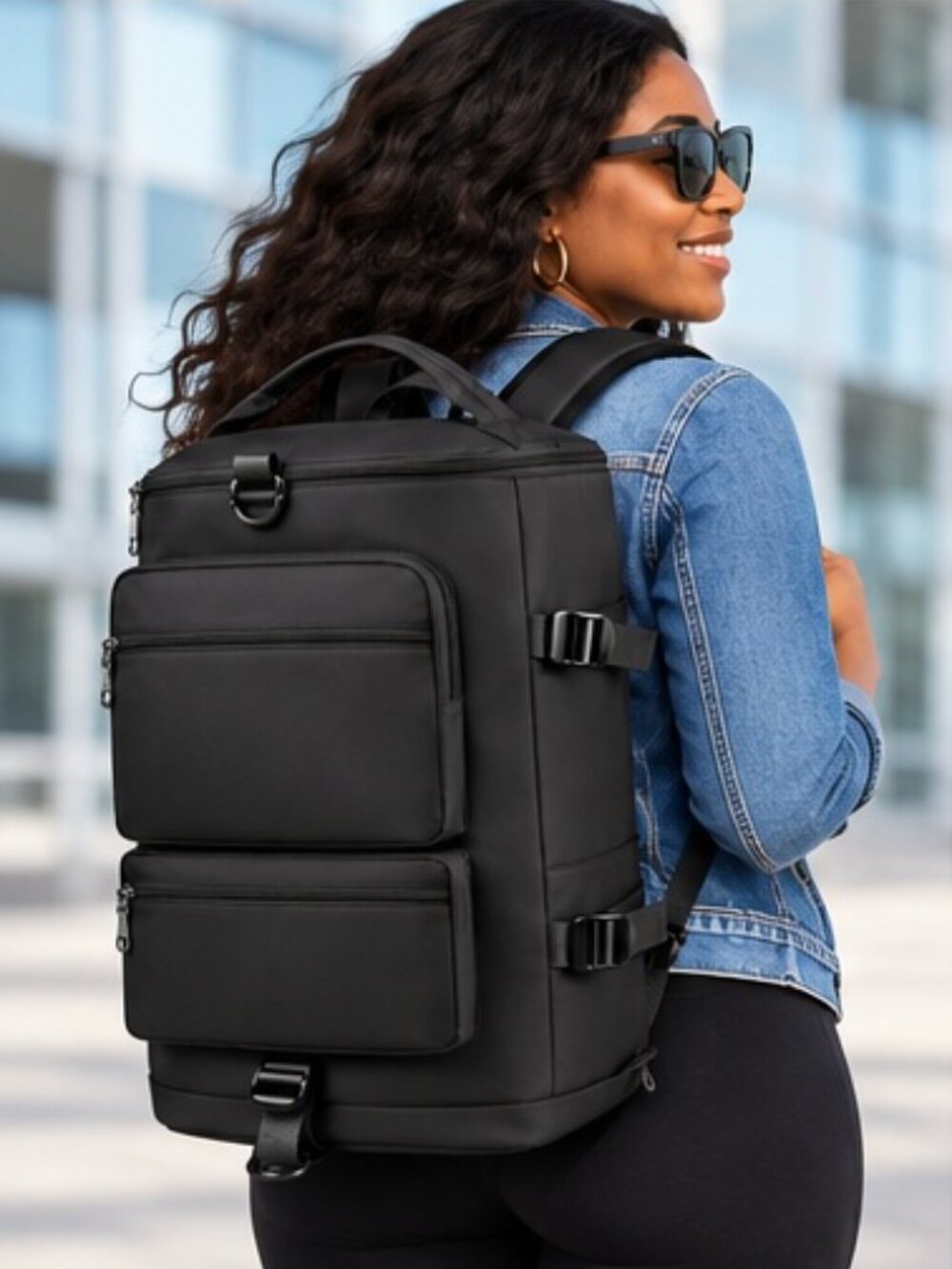 Black Multi-Pocket Travel Backpack Weekender Carry-On Duffel Bag